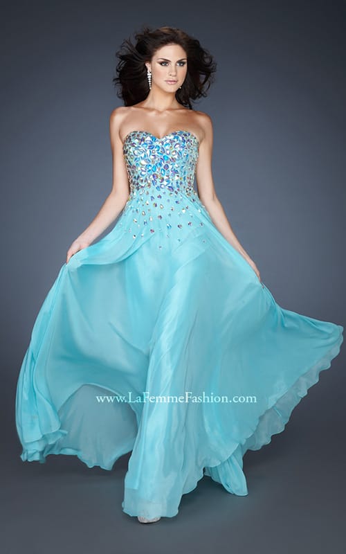 Picture of: A-line Chiffon Gown with Cascading Rhinestone Detail in Blue, Style: 18532, Detail Picture 1