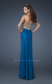 Picture of: Beaded Bodice Long Prom Dress with Cut Outs and Stones in Blue, Style: 18560, Back Picture