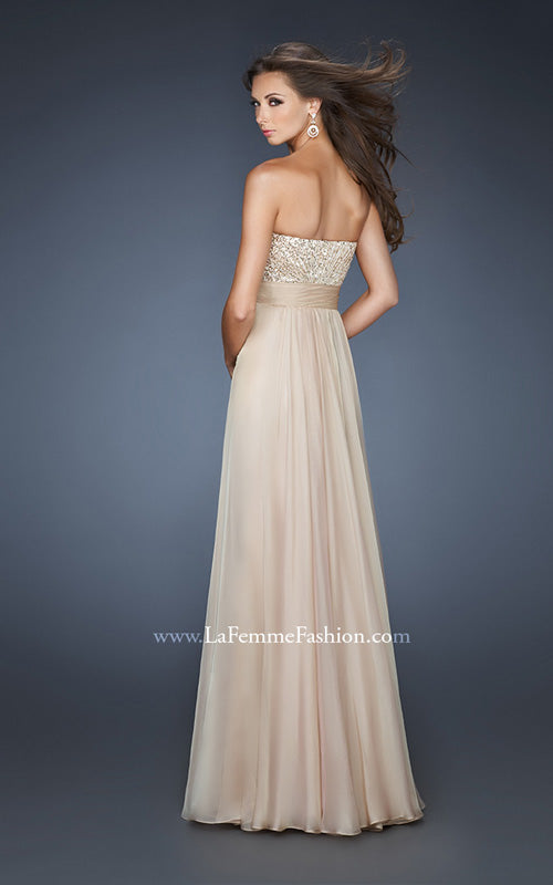 Picture of: Strapless Empire Chiffon Gown with Ruched Sequin Pattern in Nude, Style: 18584, Back Picture