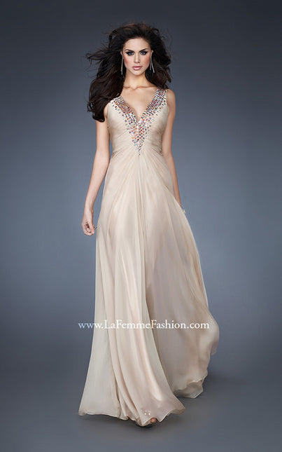 Picture of: Chiffon V Neck Prom Gown with Iridescent Stone Detail in Nude, Style: 18604, Main Picture