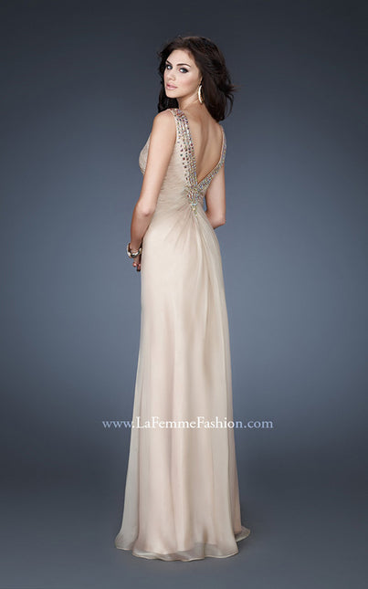 Picture of: Chiffon V Neck Prom Gown with Iridescent Stone Detail in Nude, Style: 18604, Back Picture