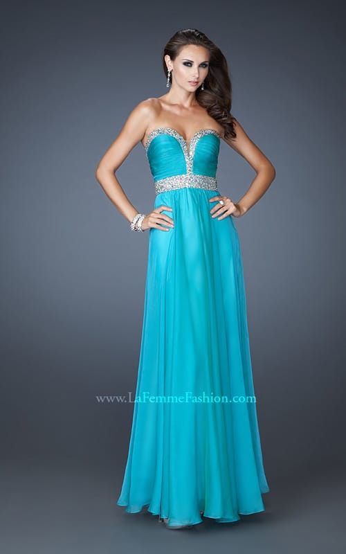 Picture of: Long Prom Dress with Gem Bordered Neckline and Beads in Blue, Style: 18609, Detail Picture 1