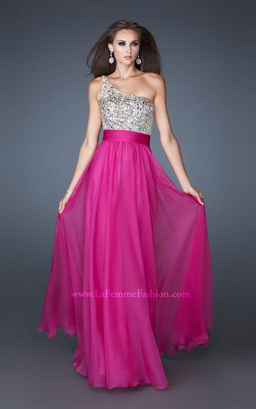 Picture of: Long Prom Gown with Embellished Bodice, Belt, and Mesh in Pink, Style: 18646, Detail Picture 2