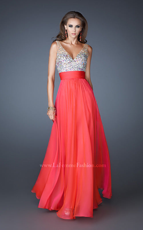 Picture of: A-line Chiffon Dress with Mesh Straps and Low V Back in Orange, Style: 18669, Detail Picture 1