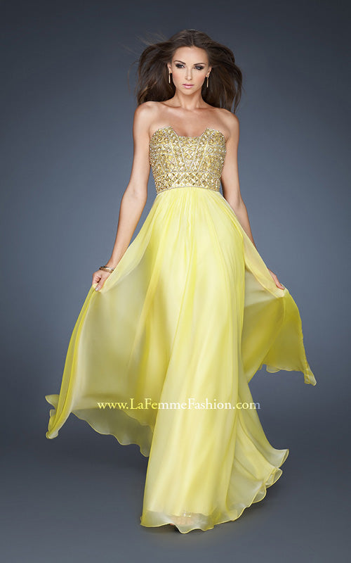 Picture of: Hand Beaded Bodice Prom Dress with Patterned Top in Yellow, Style: 18739, Main Picture