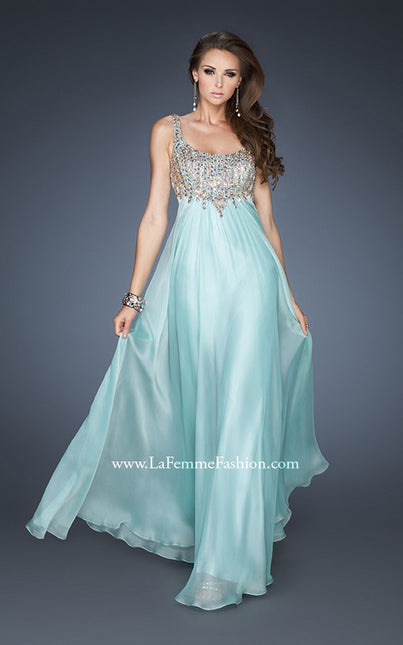 Picture of: Empire Waist Chiffon Gown with Scoop Neck Detail in Blue, Style: 18745, Main Picture