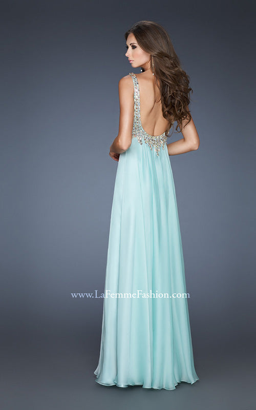 Picture of: Empire Waist Chiffon Gown with Scoop Neck Detail in Blue, Style: 18745, Back Picture