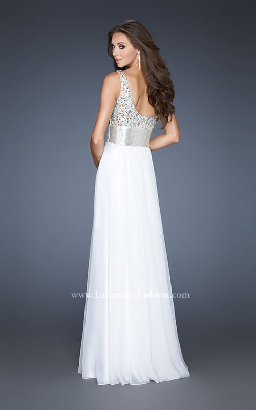 Picture of: Beaded Bodice Long Prom Dress with Belt Detail in White, Style: 18754, Back Picture