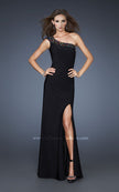 Picture of: One Shoulder Dress with Beaded Neckline and Slit in Black, Style: 18806, Main Picture