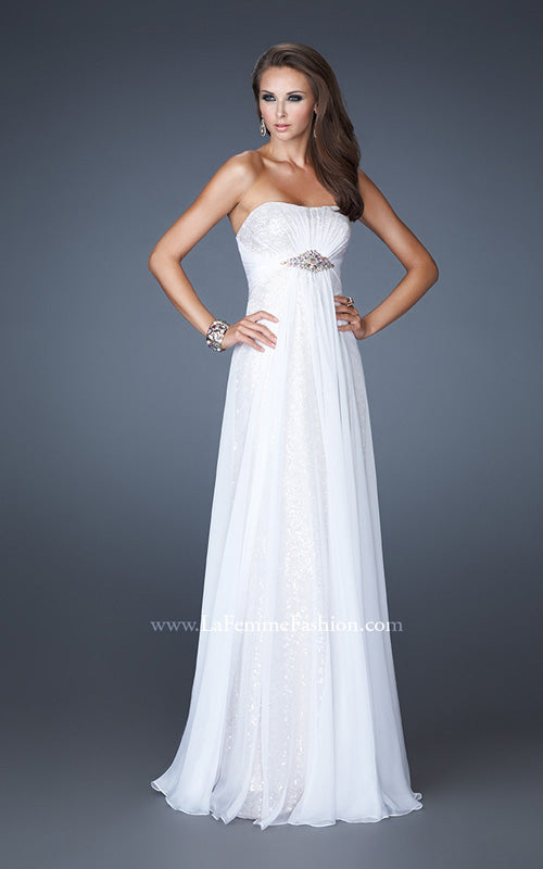 Picture of: Long Strapless Sequin Prom Dress with Chiffon Overlay in White, Style: 18870, Detail Picture 1