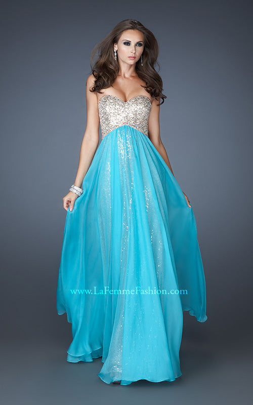 Picture of: Long Strapless Sequin Dress with Chiffon Overlay in Blue, Style: 18898, Detail Picture 1