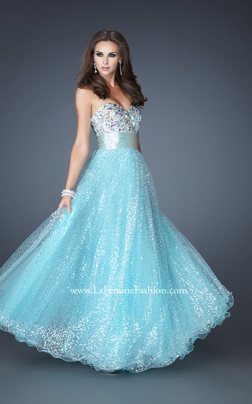Picture of: Strapless Long Ball Gown with Beaded Bodice and Belt in Blue, Style: 18910, Detail Picture 3