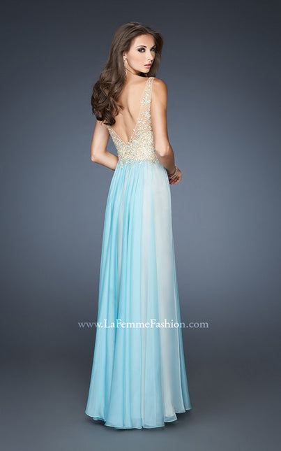 Picture of: Long Chiffon Prom Dress with Beaded Lace Bodice in Blue, Style: 18932, Back Picture