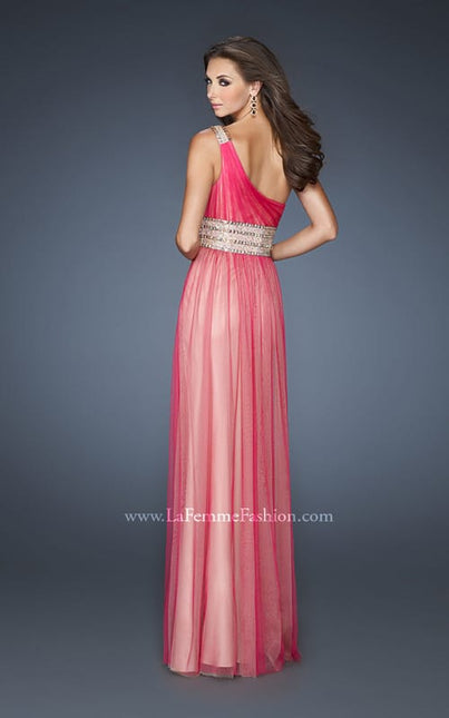 Picture of: One Shoulder Tulle Prom Dress with Embellished Waist in Pink, Style: 18965, Back Picture