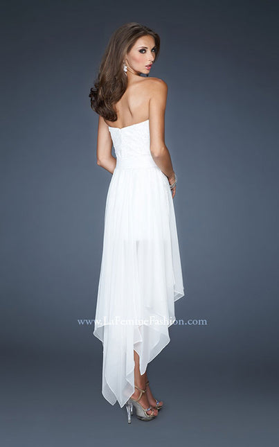 Picture of: Strapless High Low Chiffon Dress with Fitted Bodice in White, Style: 18970, Back Picture