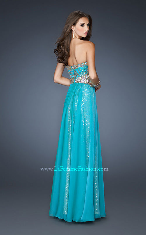 Picture of: Strapless Long Sequin Prom Dress with Chiffon Overlay Skirt in Blue, Style: 19021, Back Picture
