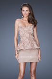Picture of: Short Strapless Prom Dress with Textured Bodice and Peplum in Nude, Style: 19088, Main Picture