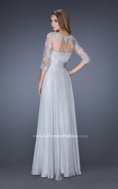 Picture of: Long Chiffon Dress with Illusion Beaded Lace Sleeves in Silver, Style: 19137, Back Picture