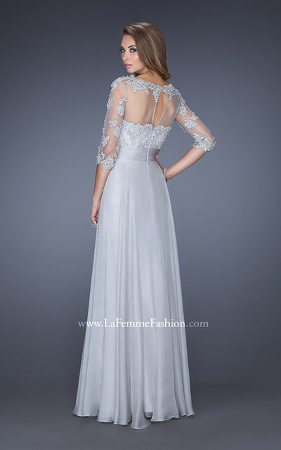 Picture of: Long Chiffon Dress with Illusion Beaded Lace Sleeves in Silver, Style: 19137, Back Picture