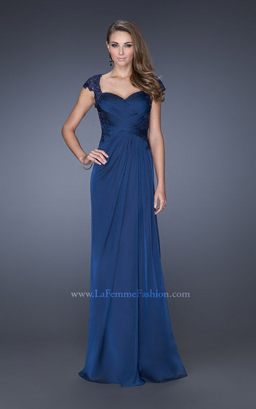 Picture of: Long Gown with Pleated Bodice and Sheer Lace Back in Blue, Style: 19143, Main Picture