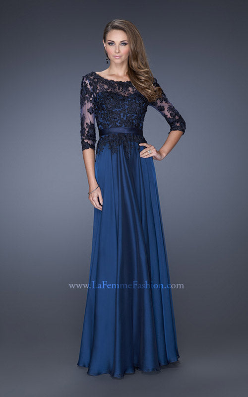 Picture of: Long A-line Dress with Lace Overlay on Bodice and Sleeves in Blue, Style: 19144, Main Picture