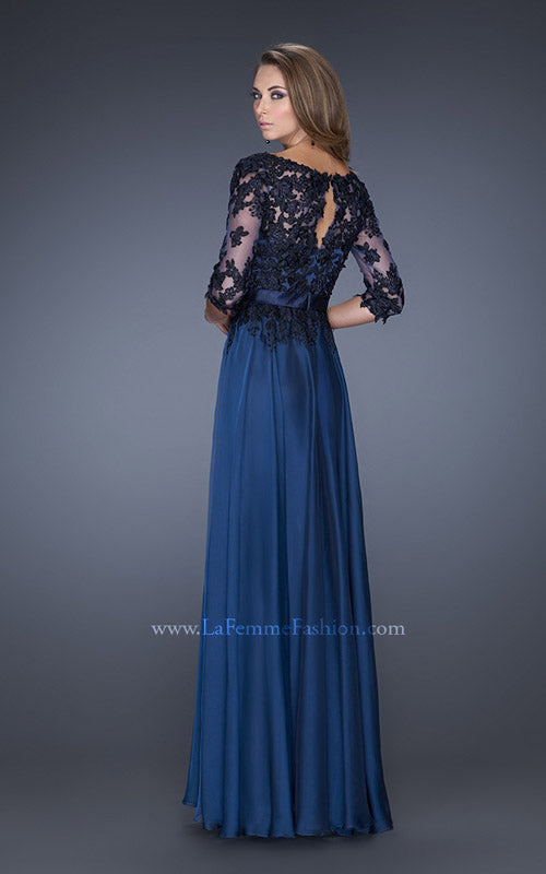 Picture of: Long A-line Dress with Lace Overlay on Bodice and Sleeves in Blue, Style: 19144, Back Picture