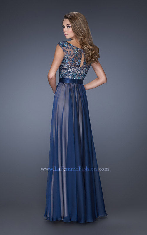 Picture of: Long Chiffon Gown with Overlay Embellished Lace in Blue, Style: 19150, Back Picture