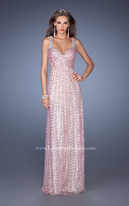 Picture of: Long A-line Sequin Prom Dress with Strappy Back in Pink, Style: 19154, Detail Picture 1