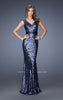 Picture of: Fitted Sequin Prom Dress with Satin Belt in Blue, Style: 19177, Main Picture