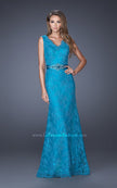 Picture of: Long Lace Prom Dress with Jeweled Ribbon Belt in Blue, Style: 19191, Detail Picture 1