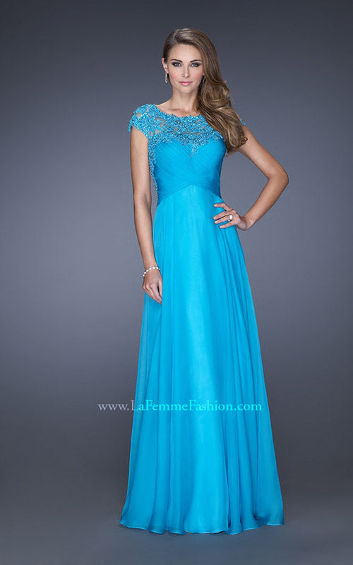 Picture of: Long Prom Dress with Fitted Bodice and Illusion Sleeves in Blue, Style: 19232, Main Picture