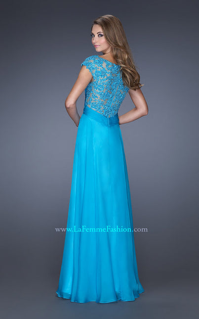 Picture of: Long Prom Dress with Fitted Bodice and Illusion Sleeves in Blue, Style: 19232, Back Picture