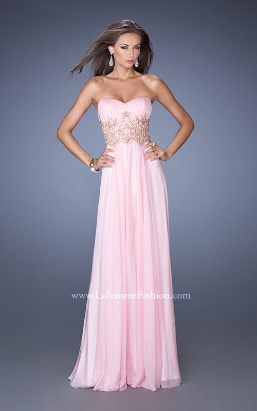 Picture of: Long Strapless Chiffon Gown with Embellished Waistline in Pink, Style: 19233, Detail Picture 1