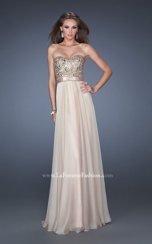 Picture of: Long Strapless Chiffon Prom Dress with Satin Bow Belt in Nude, Style: 19282, Detail Picture 2