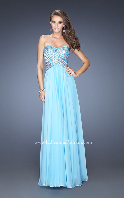 Picture of: Strapless Long Chiffon Prom Dress with Bejeweled Bodice in Blue, Style: 19321, Detail Picture 1