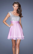 Picture of: One Shoulder Short Prom Dress with Metallic Beaded Bodice in Purple, Style: 19456, Detail Picture 1