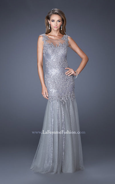 Picture of: Long Mermaid Sequin Prom Dress with Sheer Mesh Overlay in Silver, Style: 19485, Main Picture