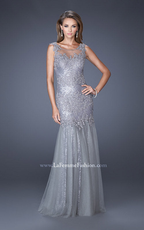 Picture of: Long Mermaid Sequin Prom Dress with Sheer Mesh Overlay in Silver, Style: 19485, Main Picture