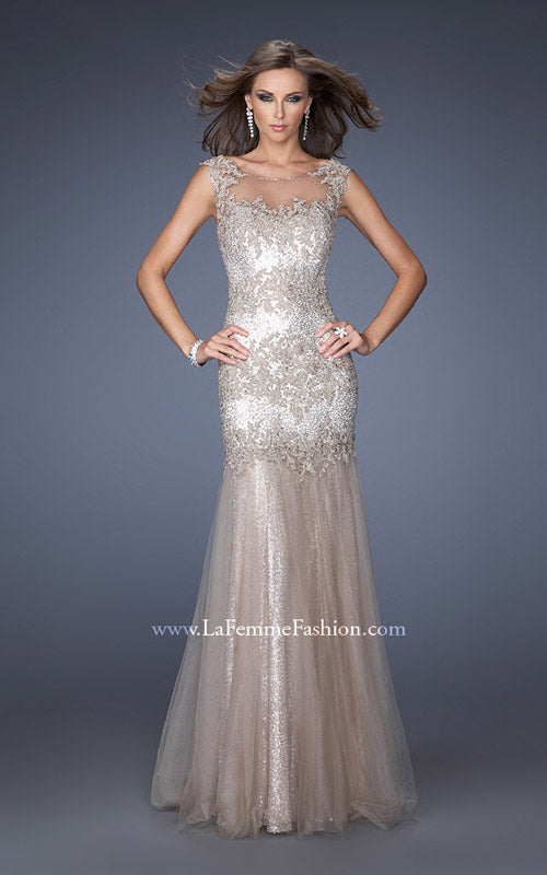 Picture of: Long Mermaid Sequin Prom Dress with Sheer Mesh Overlay in Nude, Style: 19485, Detail Picture 1