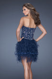 Picture of: Short Strapless Sequin Prom Dress with Shredded Tulle Skirt in Blue, Style: 19493, Back Picture