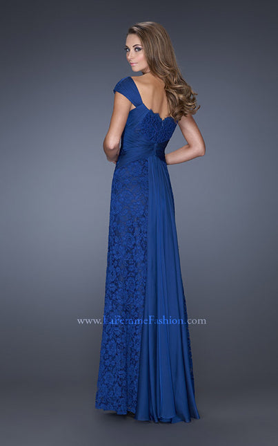 Picture of: Long Lace Dress with Ruched Chiffon Belt and Cap Sleeves in Blue, Style: 19509, Back Picture