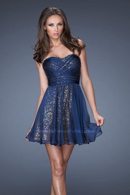 Picture of: Strapless Short Sequin Prom Dress with Chiffon Overlay in Blue, Style: 19510, Main Picture