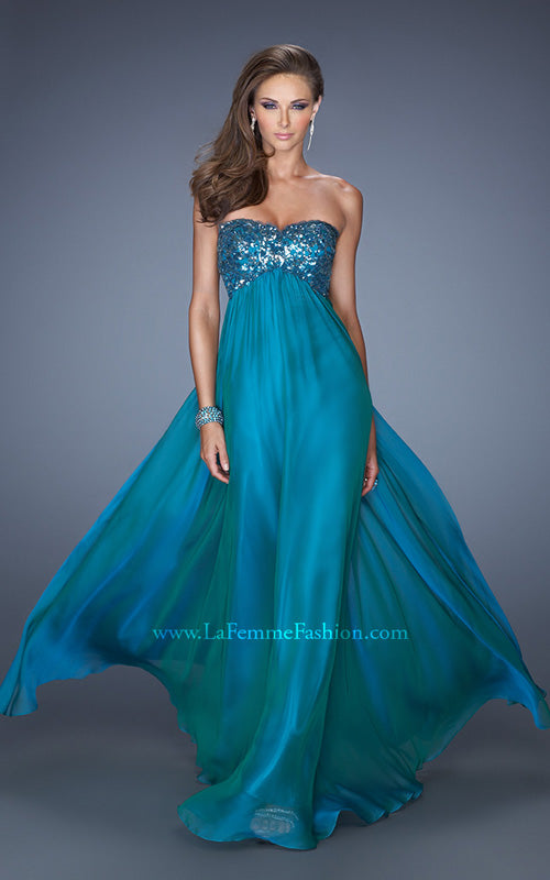 Picture of: Strapless Chiffon Prom Dress with Sequined Lace Bodice in Blue, Style: 19565, Detail Picture 1