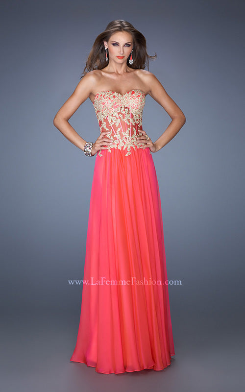 Picture of: Strapless Long Prom Dress with Sheer Lace Corset Bodice in Pink, Style: 19593, Detail Picture 3