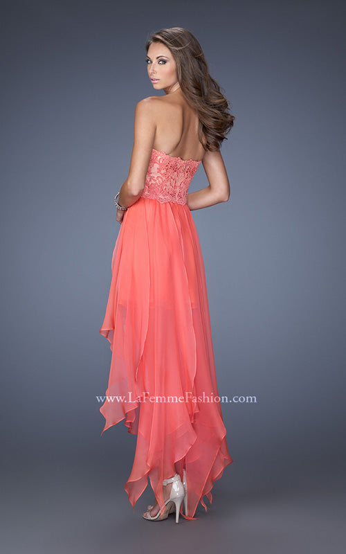 Picture of: Strapless High Low Prom Dress with Lace Overlay Bodice in Orange, Style: 19607, Back Picture