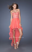 Picture of: Strapless High Low Prom Dress with Lace Overlay Bodice in Orange, Style: 19607, Detail Picture 1