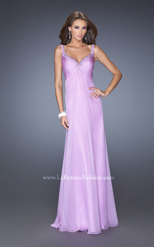 Picture of: Long Chiffon Prom Gown with Empire Waist and Ruched Bodice in Purple, Style: 19647, Detail Picture 1