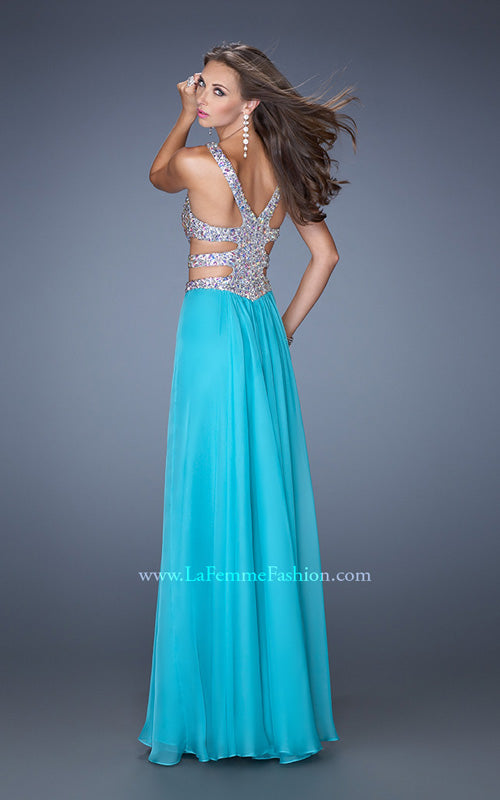 Picture of: Long Chiffon Prom Gown with Beaded Bodice and Cut Outs in Blue, Style: 19658, Back Picture