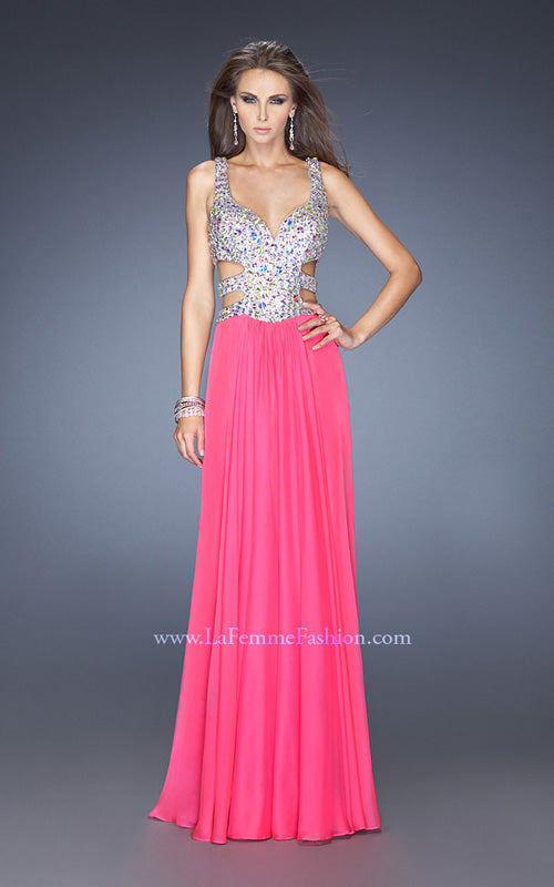 Picture of: Long Chiffon Prom Gown with Beaded Bodice and Cut Outs in Pink, Style: 19658, Detail Picture 1