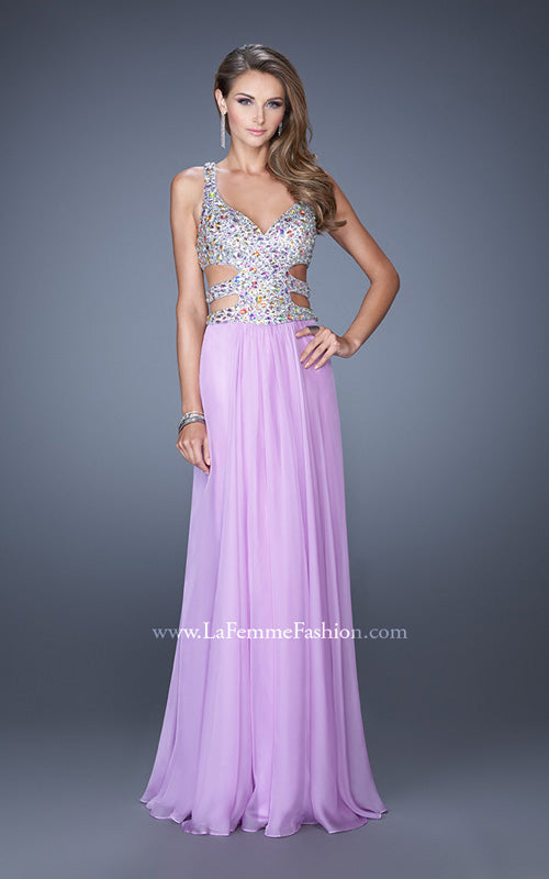 Picture of: Long Chiffon Prom Gown with Beaded Bodice and Cut Outs in Purple, Style: 19658, Detail Picture 2